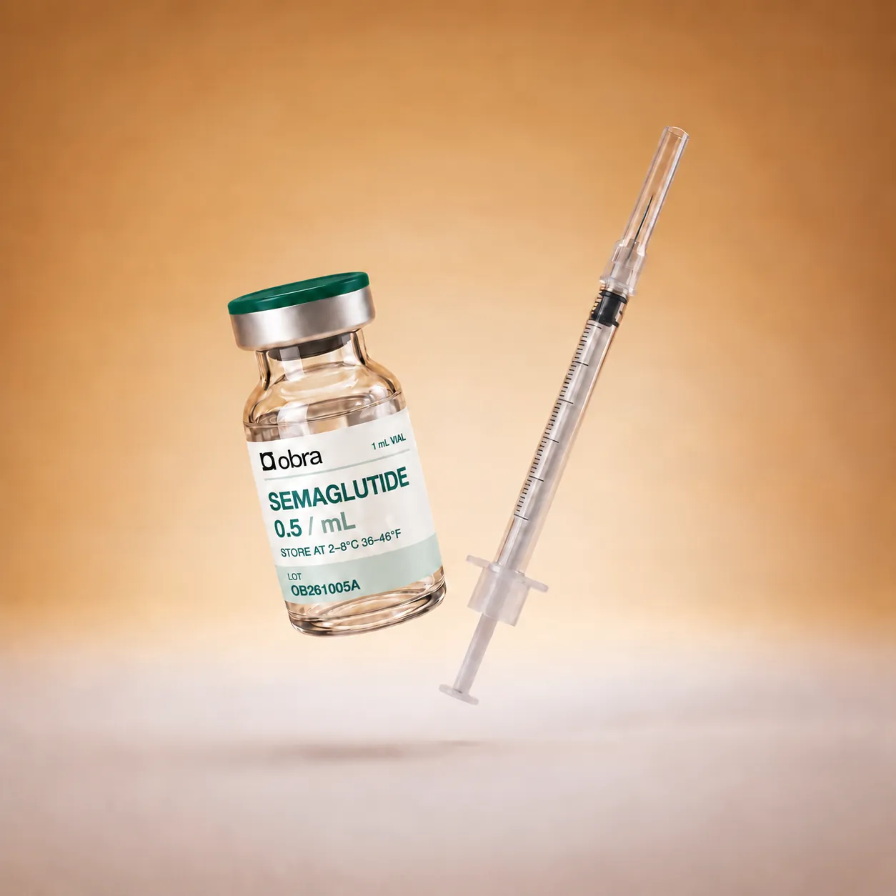 Illustrative Obra semaglutide vial with a syringe