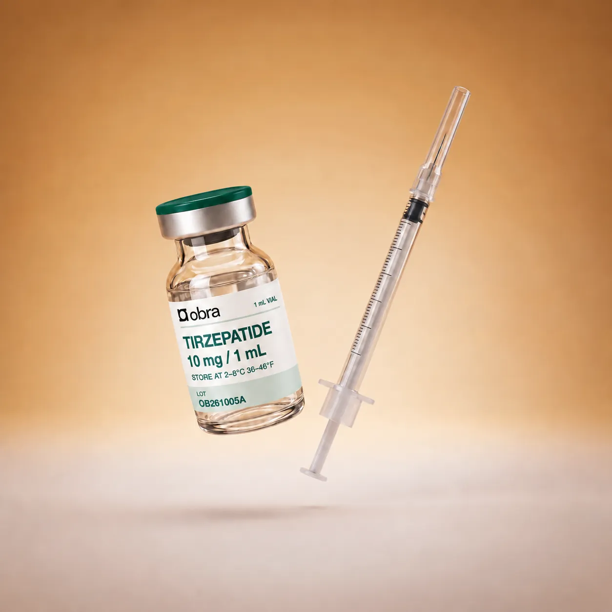 Illustrative Obra tirzepatide vial with a syringe