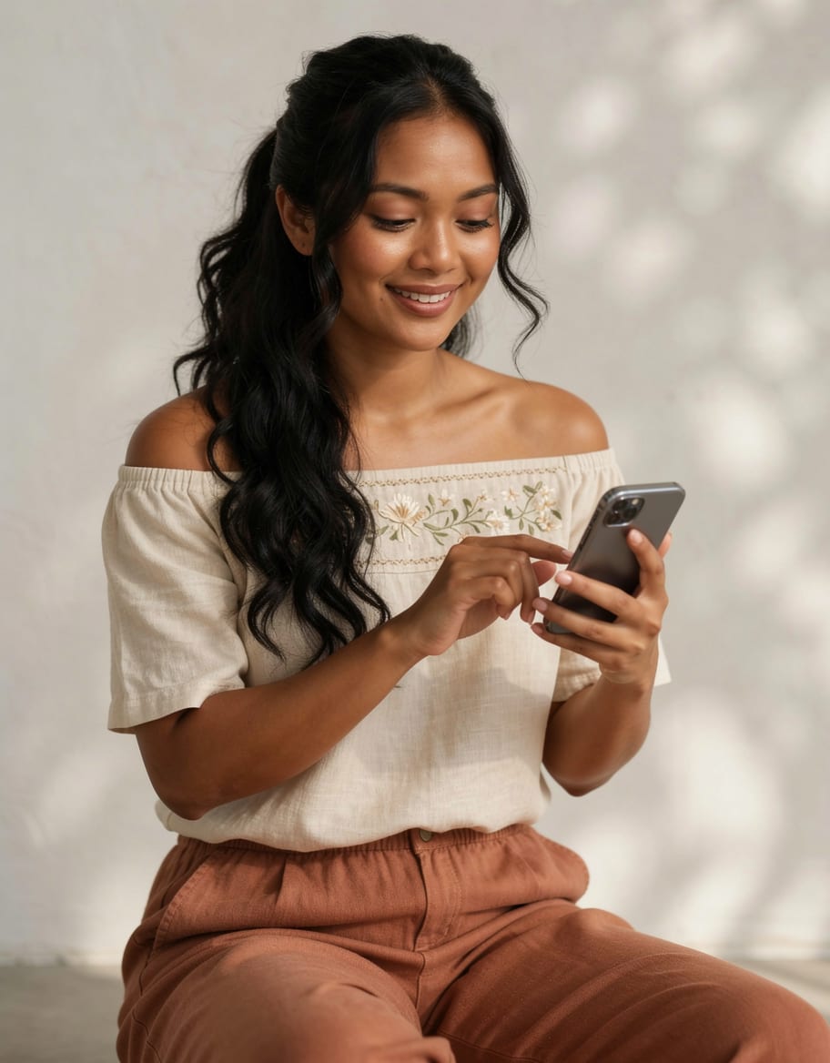 Woman at home completing her assessment on her phone